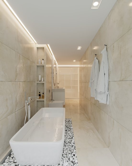 Banheiro com formato único, que representa um verdadeiro paraíso luxuoso. 