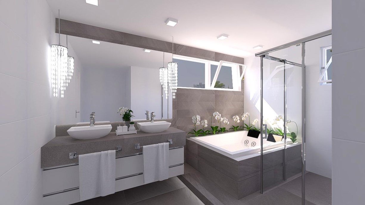 Linda suíte com reprodução em pedra, utilizando o belíssimo porcelanato Ms. Barcelona Acero com parede em destaque revestida em porcelanato Vic Acero.