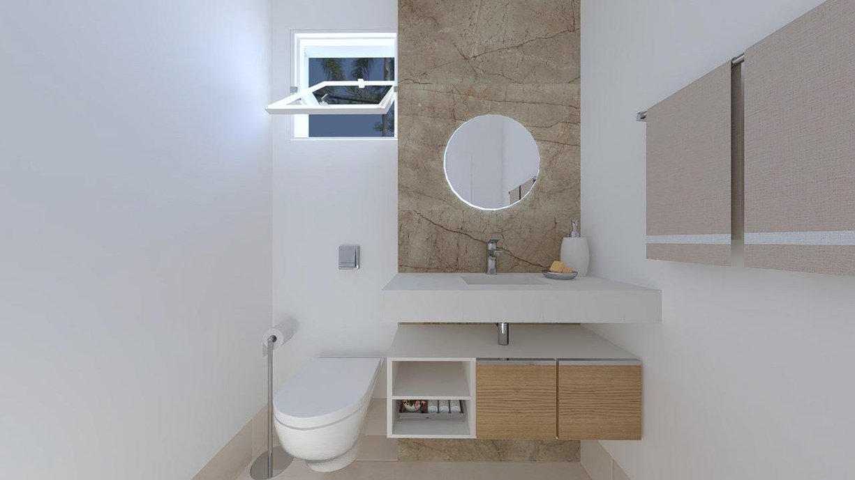 Lavabo com conceito Moderno, com parede de destaque revestida em porcelanato marmorizado Noce Savanna.