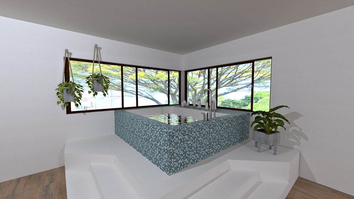 Linda área de spa em projeto residencial, em duas opções de paginação de pastilhas Artesanal Mix Turquoise.