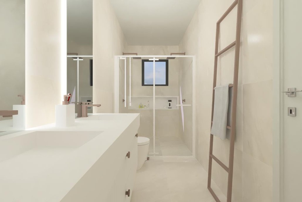Tons claríssimos pontuados pela transparência que define desenhos orgânicos. Traços retos, geométricos e simétricos, proporcionando um ambiente sofisticado, simples e preciso. Porcelanato Onyx Unique, tons claríssimos pontuados pela transparência que define desenhos orgânicos compondo com os metais da Docol acabamento cobre escovados.