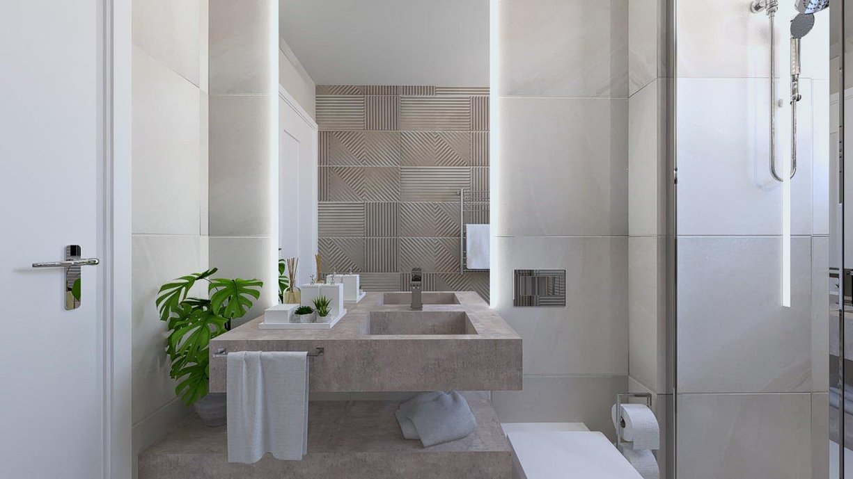 Linda suíte moderna com reprodução em pedra utilizando porcelanatos exclusivos Portobello Shop.