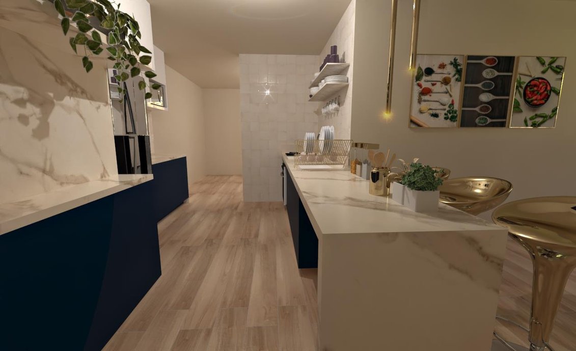 Cozinha revestida com Araucária e Bianco di Lucca