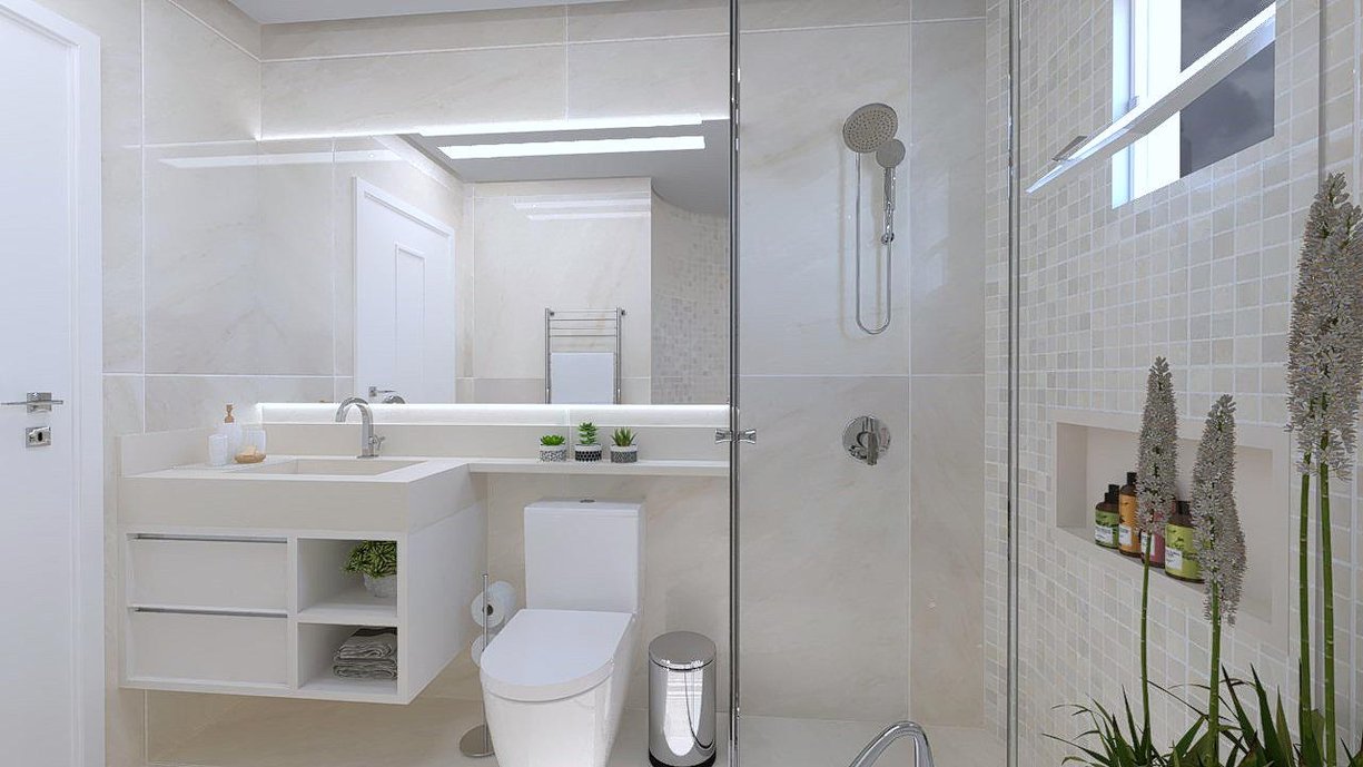 Linda suíte moderna com reprodução em mármore utilizando o porcelanato lançamento Onyx Unique. 