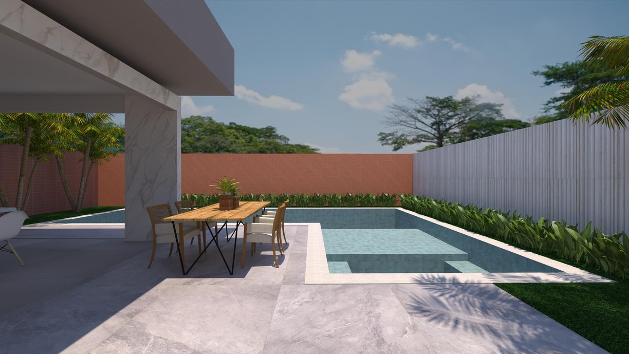 Área externa no porcelanato Bleu de Savoie e piscina no Sunset Rio, detalhe de muro no Marea Travertino e produtos da linha Terralma.