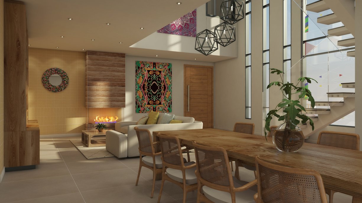 Vista interna ilustrando sala em dois ambientes