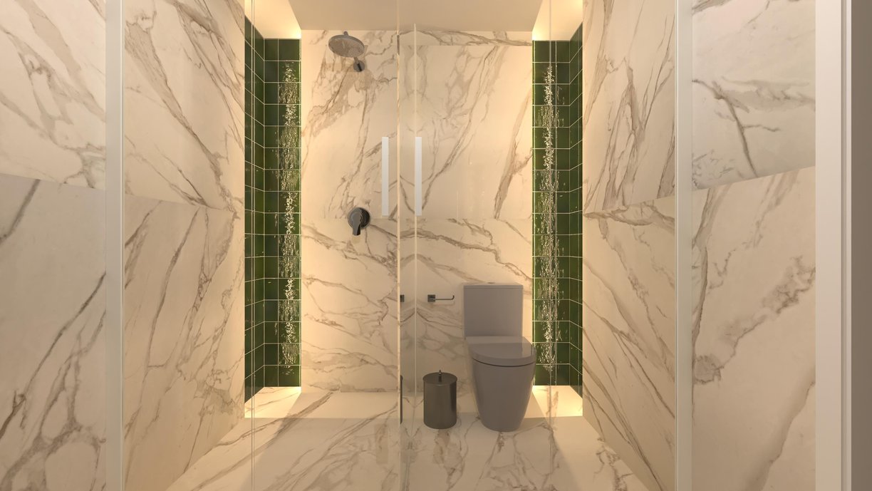 Wc da suíte casal utilizando Bianco Di Lucca e o Gouache Foret, ficou incrível!