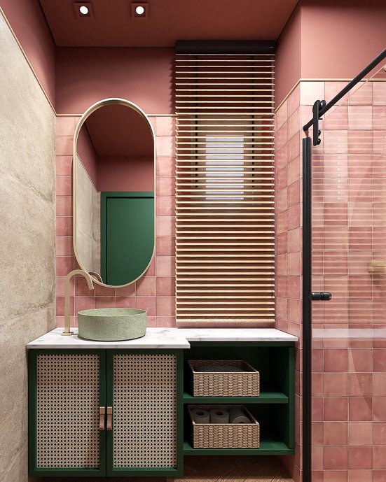 Banho Maranta, banheiro colorido, rosa e verde