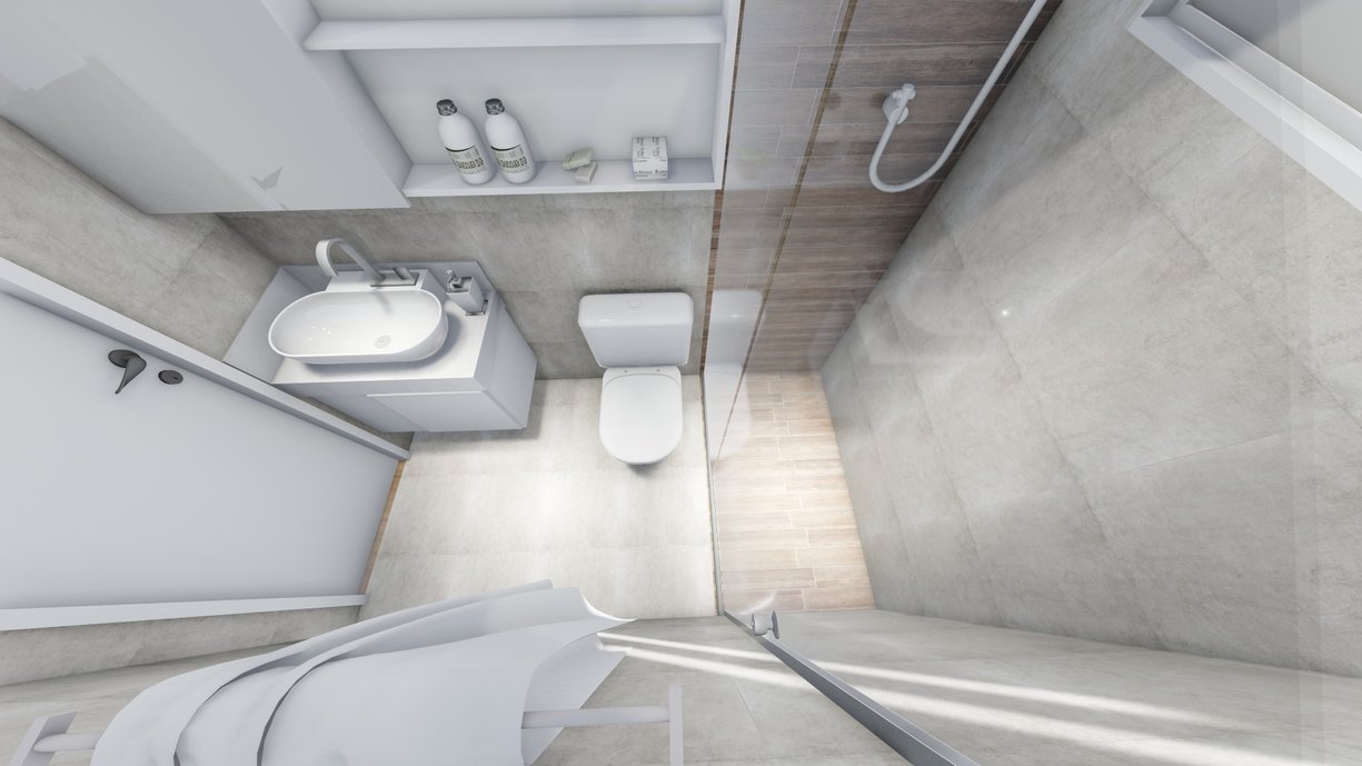 Detalhe do Box em porcelato amadeirado oferecendo mais conforto e relaxamento.