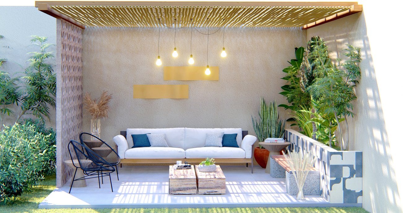 Varanda com produtos semelhantes ao concreto, porém em porcelanato, deixando assim o projeto mais sustentável, sem agredir a natureza e com lixo zero. Utilizamos também o Cobogó Mundau feito com conchas do mar. #ConcursoArchtrendsCasoca