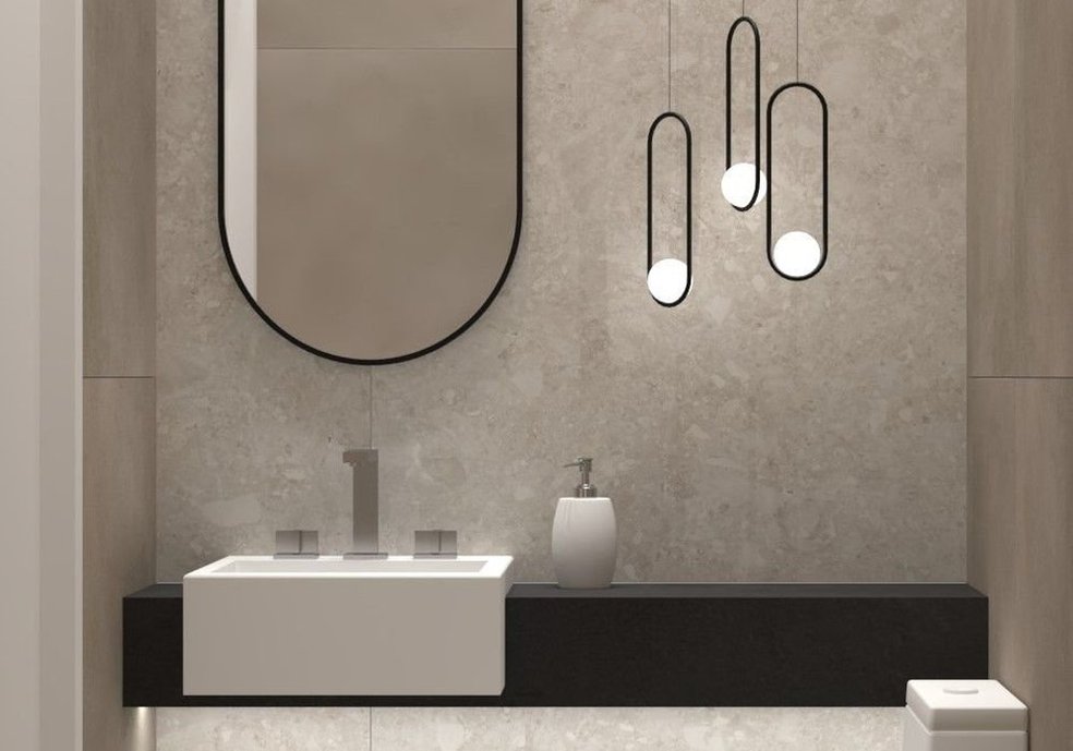 Lavabo revestido com o Pietra Lombarda Off White