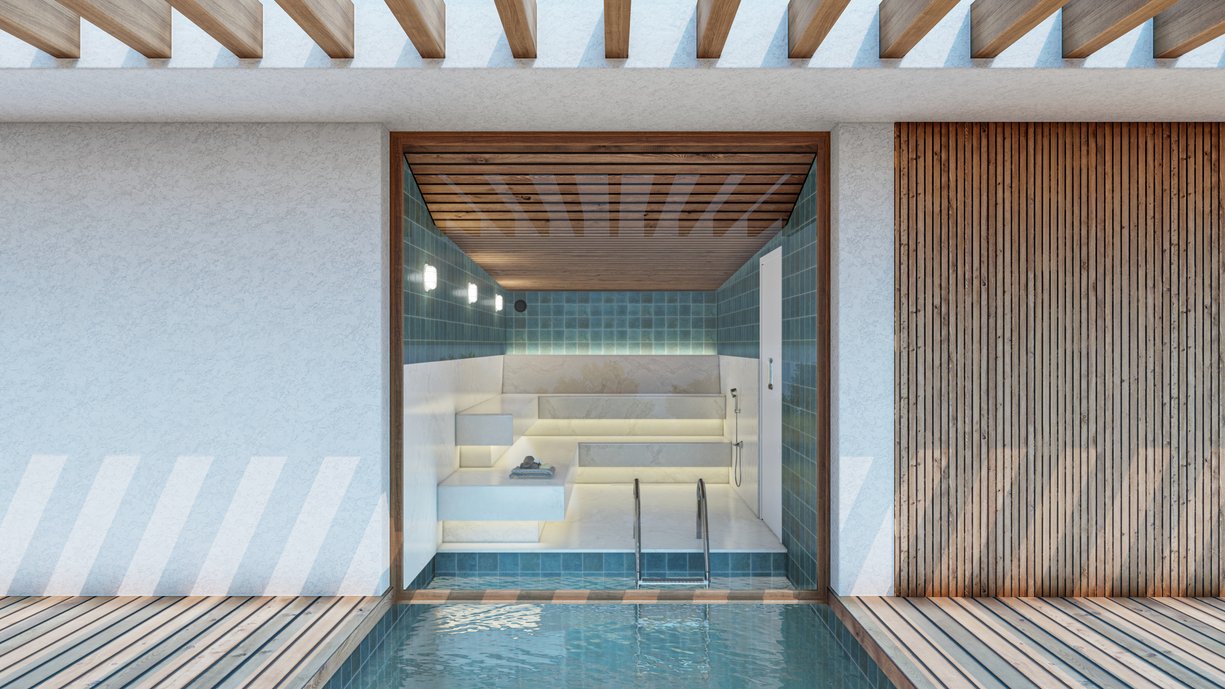 a perfeita harmonia entre a sauna e a piscina, com acesso direto através da imersão na água. Com um revestimento idêntico ao da piscina, esta sauna oferece uma experiência de relaxamento sem igual.