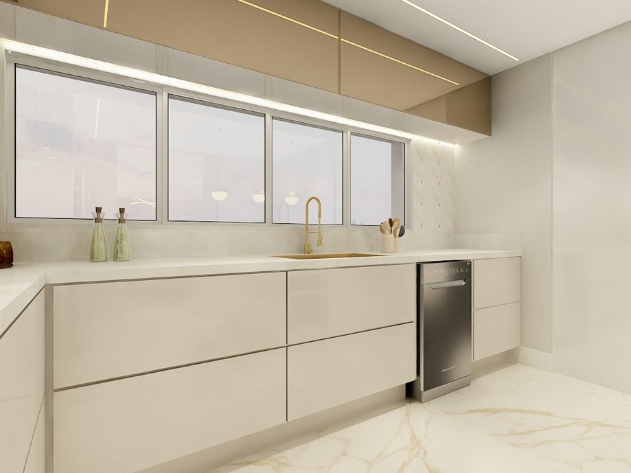 Piso em lastra Portobello Oro Bianco. Bancada da ilha e bancada da cuba em Portobello Onyx Unique.