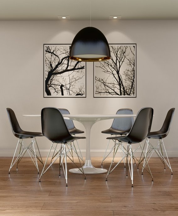 Piso Porcelanato Araucária destaca os móveis de design dessa sala de jantar com toque escandinavo.