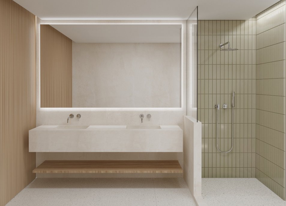 Projeto de Interiores utilizando o revestimento Liverpool Pistache para as paredes do box. 