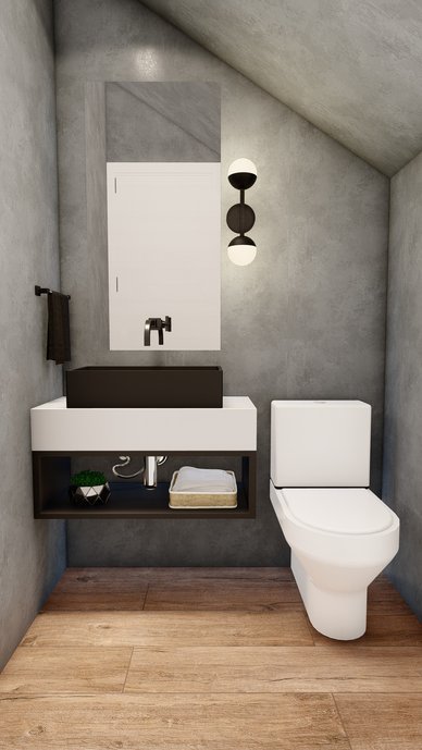 Lavabo estilo industrial, com porcelanato araucaria e cimento queimado nas paredes.