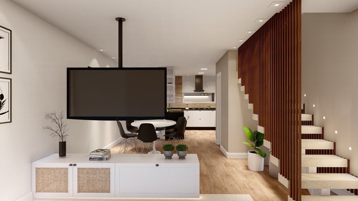 Home Theater estilo escandinavo, é envolvido todo pelo porcelanato madeirado. 