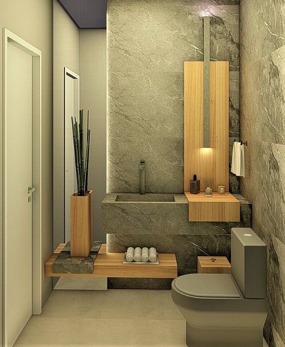 Projeto Lavabo. Foi usado o Griss Biarritz 120x120 com detalhes em madeira