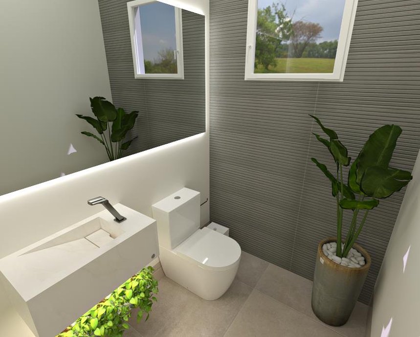Lavabo desenvolvido com piso em Foggy gray + detalhe em Ardesia Zig Zag. 