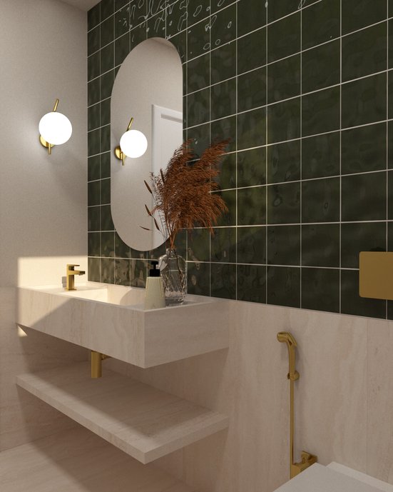 Proposta de um banheiro com piso e bancada com Travertino Navona Bianco e detalhe Gouache Foret.