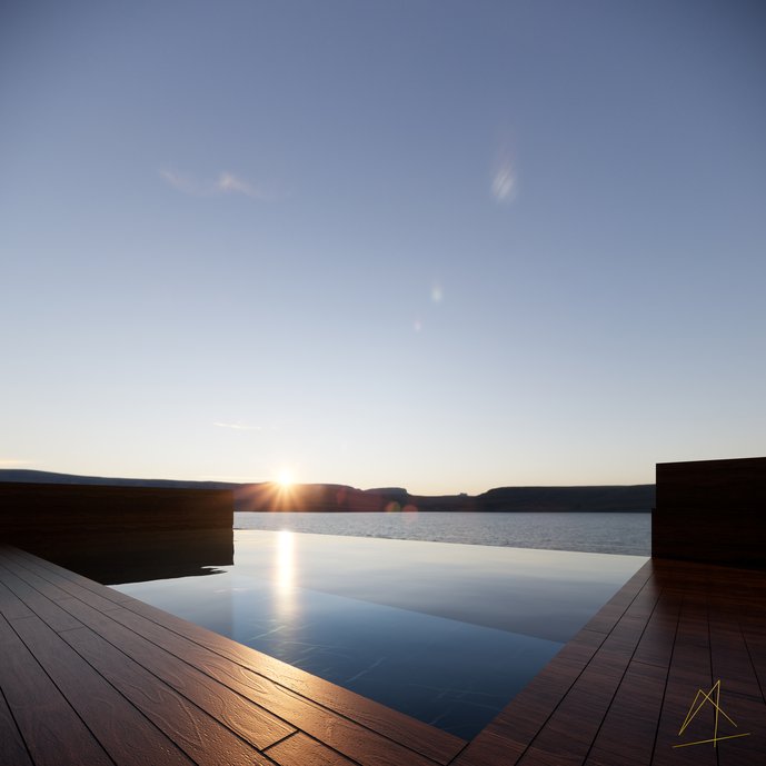 Piscina Borda infinita ganha mais um destaque quando , o sol se põe nas montanhas.