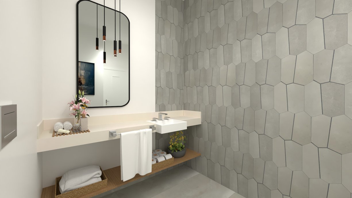 Resultado do lavabo com percepção de uma superfície de concreto em porcelanato na cor Harpa Fjord. Projeto elaborado no Domus3D pelo projetista Marcelo Augusto.