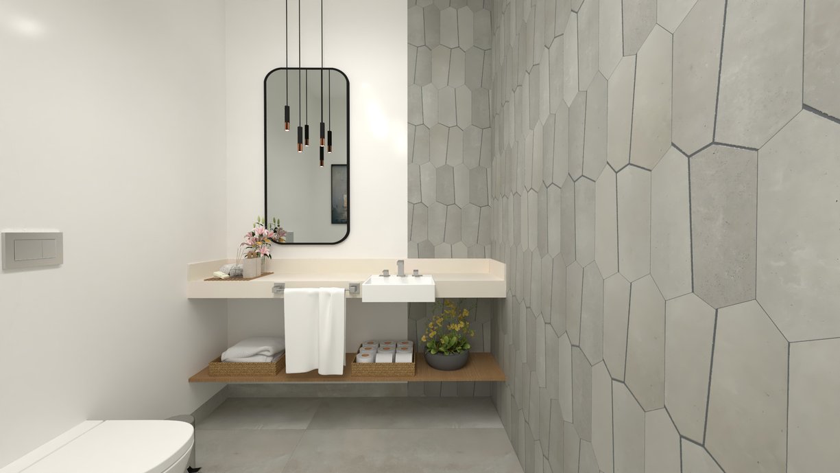 Resultado do lavabo com percepção de uma superfície de concreto em porcelanato na cor Harpa Fjord. Projeto elaborado no Domus3D pelo projetista Marcelo Augusto.