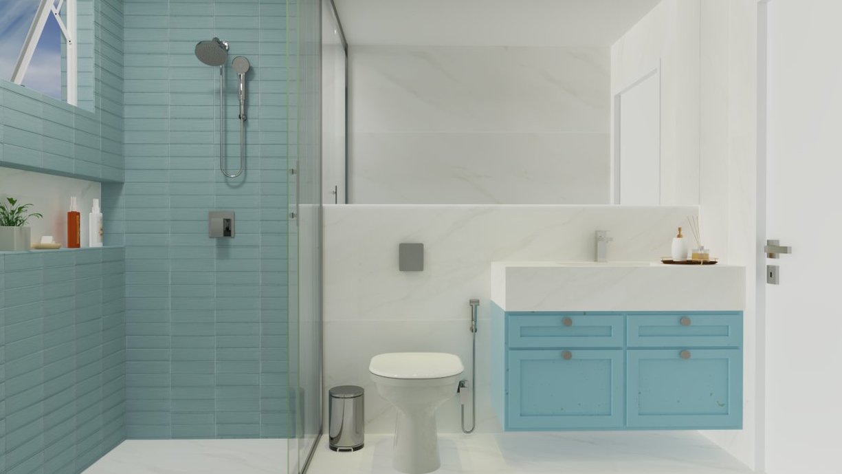Banheiro que abrange o clássico porcelanato marmorizado e um brick colorido.