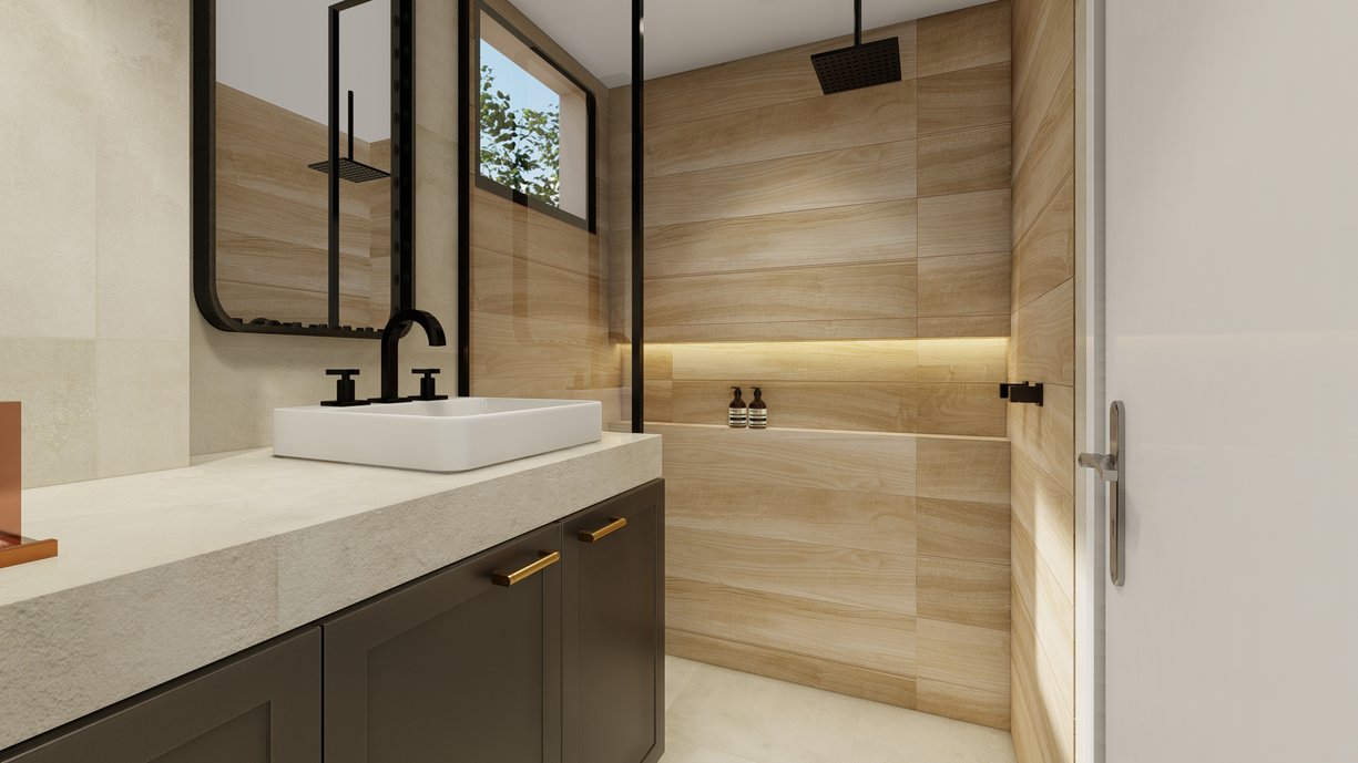 Os detalhes desse banheiro moderno e elegante ficaram por conta do charme das peças da Portobello Shop.