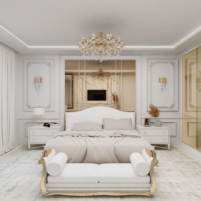 Suíte ✨ Ampla, charmosa e aconchegante do jeitinho que a gente ama! O boiserie trouxe um pouco do estilo clássico e os detalhes em gold trouxeram sofisticação.