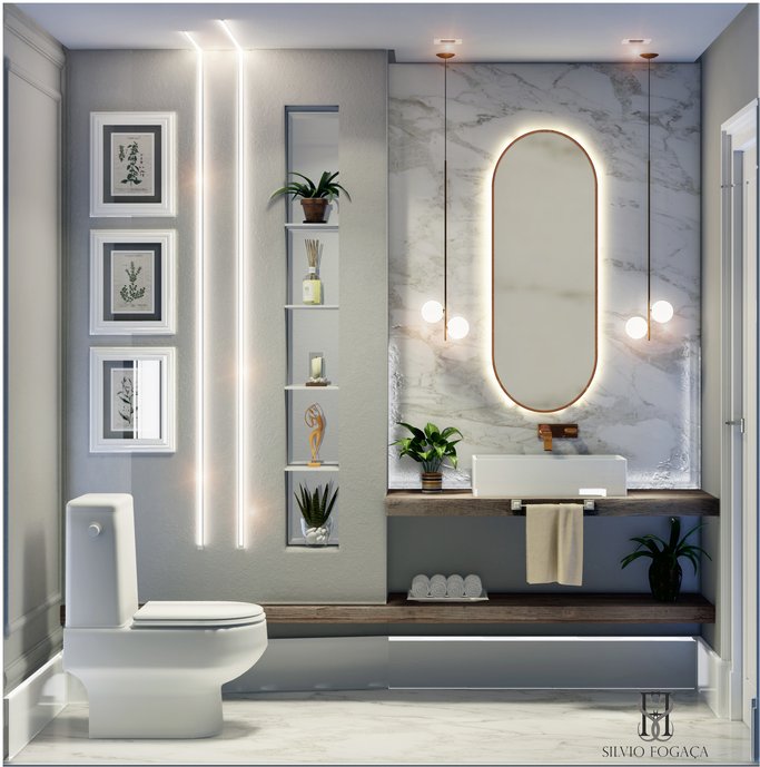 Lavabo residencial com decoração clássica e contemporânea