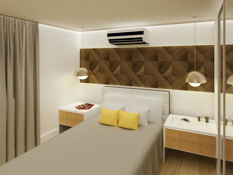 cama com painel em madeira e duas mesas de cabeceira