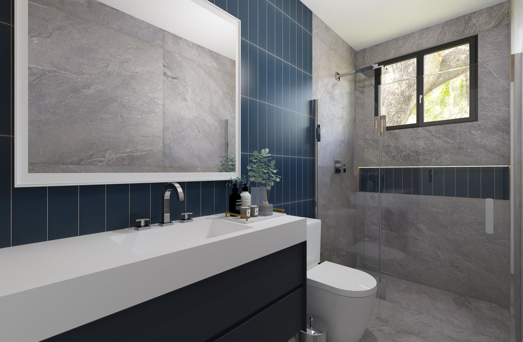 Banheiro revestido no Bleu de Savoie e detalhe no Terralma Bora Bora.