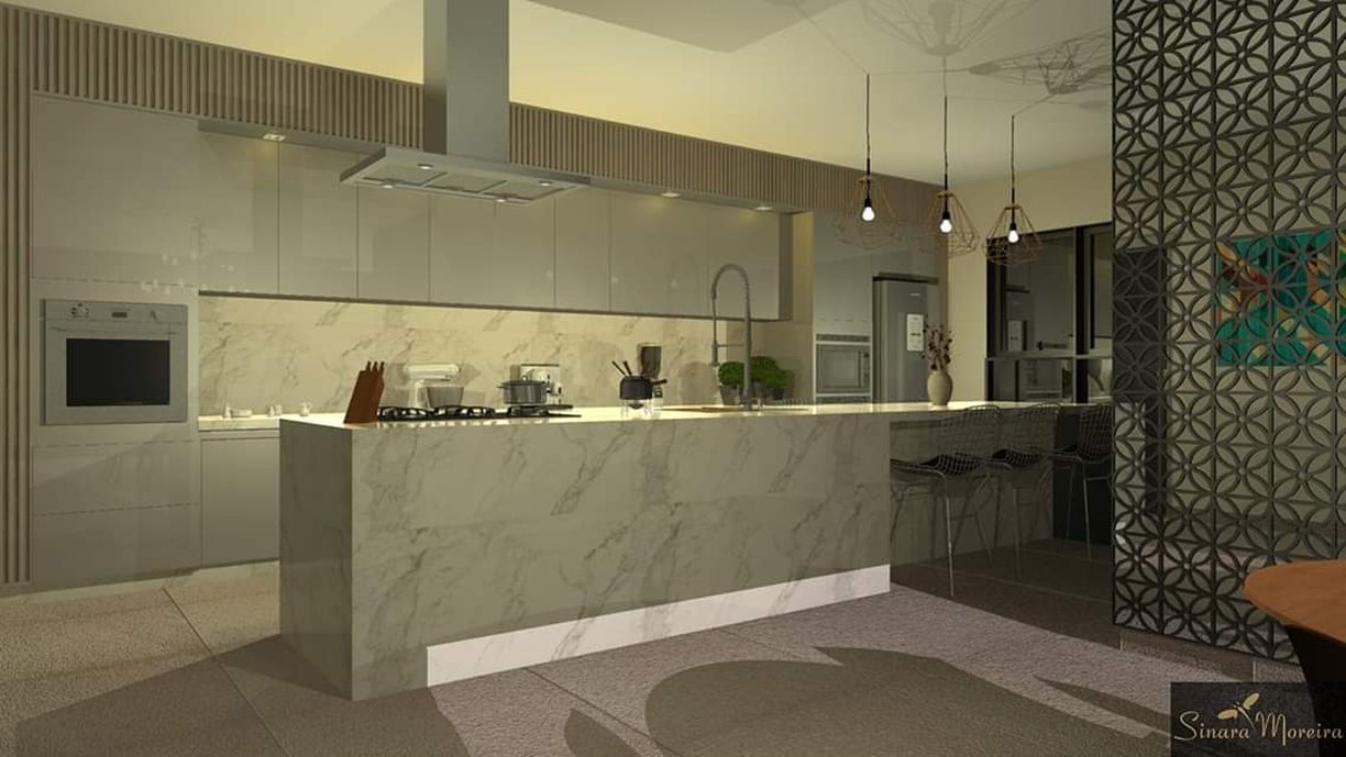 Ilha e Balcão em porcelanato Bianco di Elba 120x240