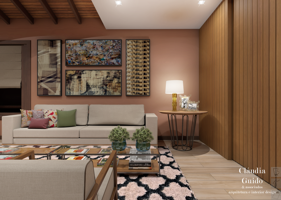 A sala de estar e jantar recebe elementos de cor pontuando uma palete bege e clássica. A decoração define o estilo e os clientes podem exibir seus pertences queridos!