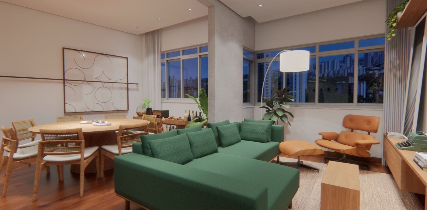 sala de tv integrada com sala de jantar com aplicação do quadro com mosaico com azulejo Arco Simples Athos Bulcão e emoldurado em madeira natural 