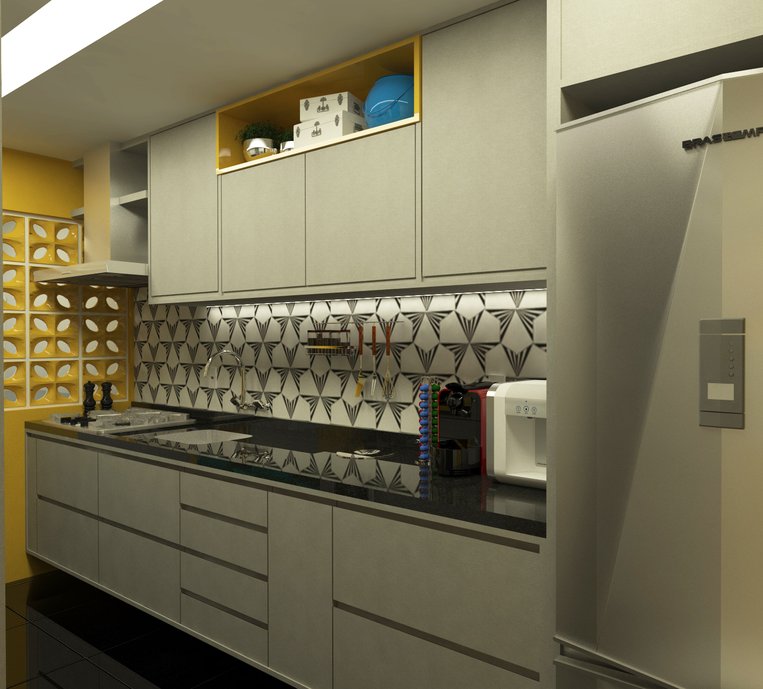 Uma cozinha em cinza, preto e amarelo! Neste projeto elegemos o cobogó para fazer a divisão entre a cozinha e a lavanderia. Padronagem linda acima da pia, inspirada no movimento ArtDeco.