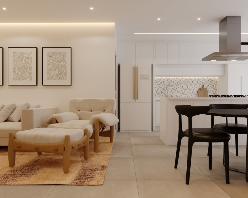 A sala toda branca e o carvalho dos móveis aquecendo o ambiente.