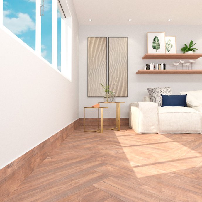 Sala com revestimento Pau Brasil com paginação em espinha de peixe