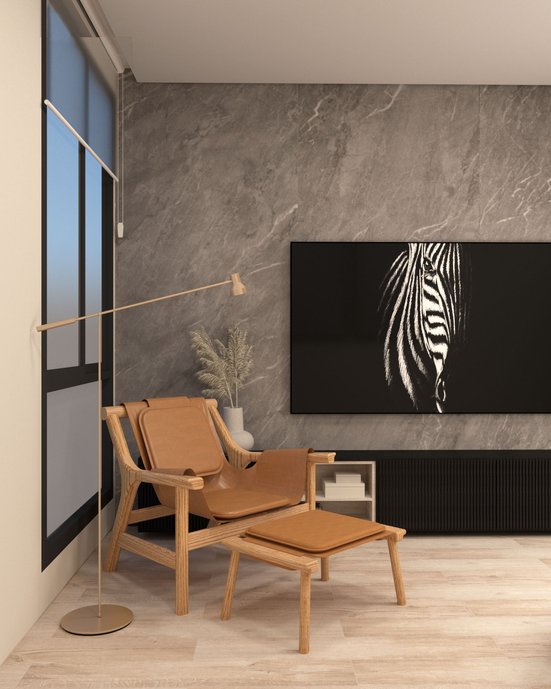 Sala de TV combinando as reproduções de madeira, pedra e mármore.