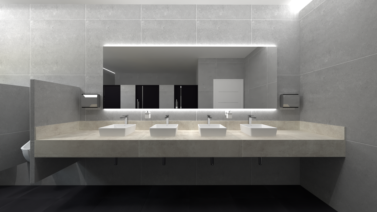 Banheiro moderno em tons de porcelanato sóbrios.