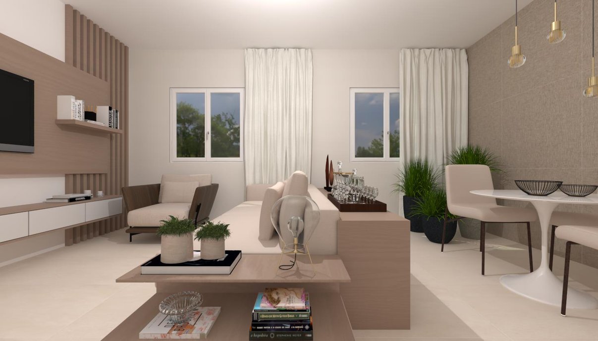Sala em tons neutros com revestimento em destaque em uma parede e porcelanato nude no piso. 