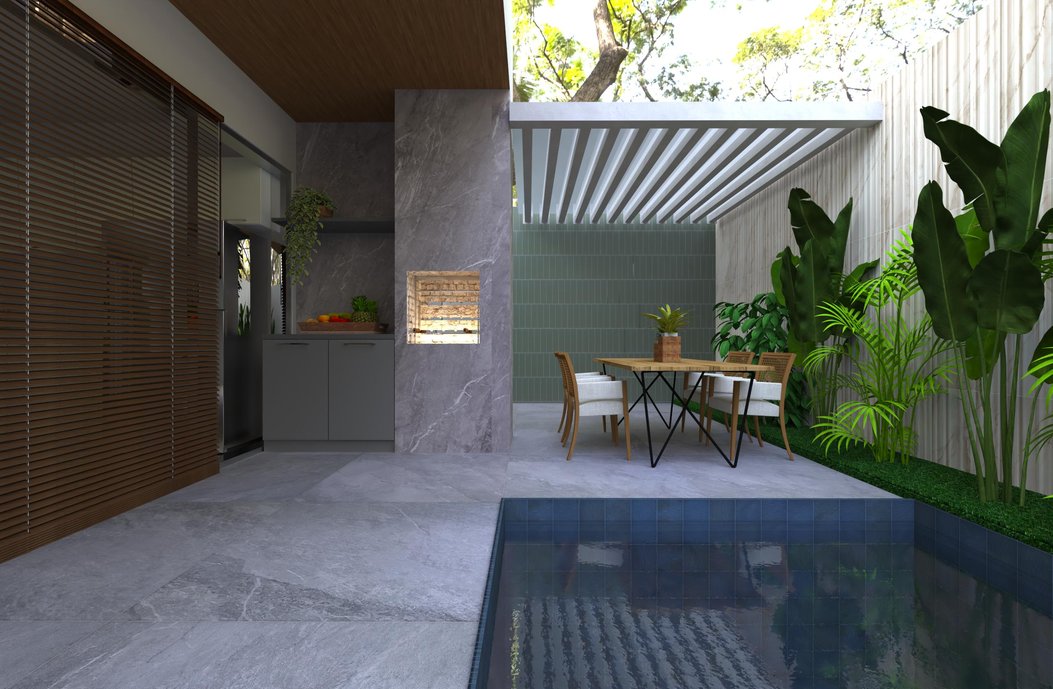 Área externa no porcelanato Bleu de Savoie e piscina no Sunset Key West, detalhe de muro no Marea Bianco Di Lucca e produtos da linha Terralma.