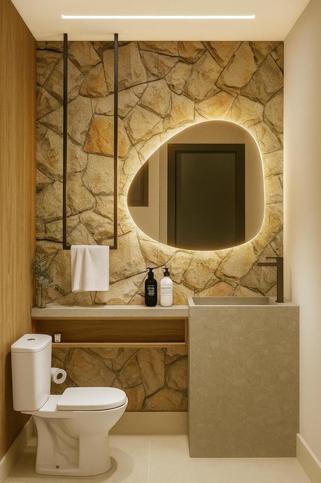 Este lavabo foi pensado para surpreender. Cada elemento, da iluminação à escolha dos materiais, foi desenhado para transformar a primeira impressão em encantamento.