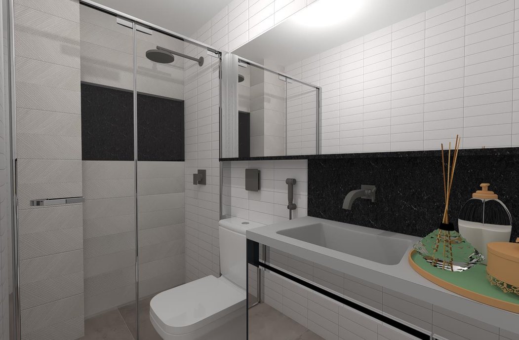Produtos Portobello em composição juntamente com metais sanitários a linha Docol Chroma Grafite