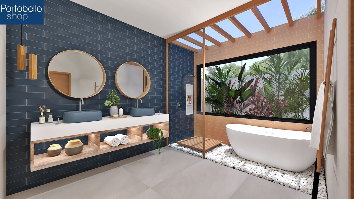 Espaço relaxante, com acabamentos em tons terrosos e detalhes em madeira.