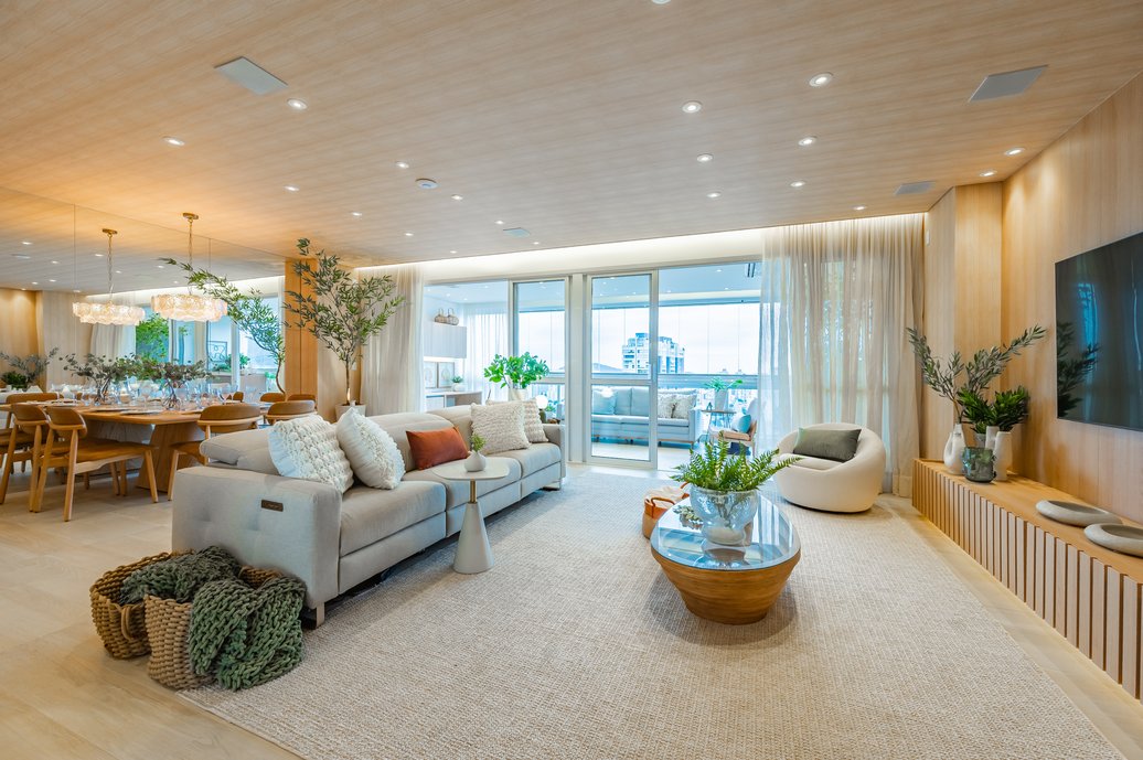 Living integrado ao jantar e cozinha