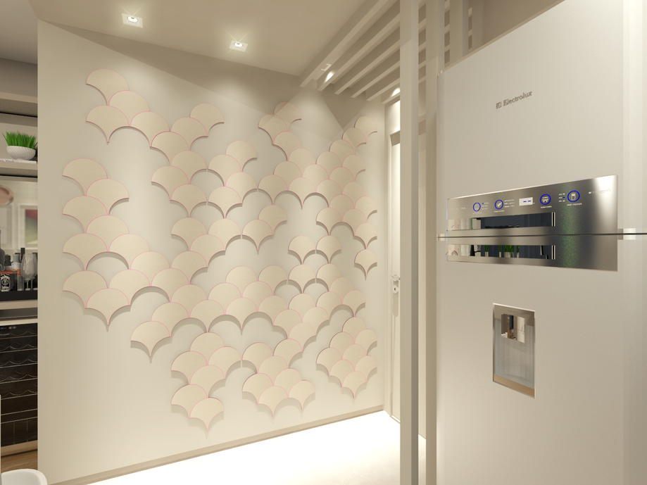 Nesse projeto utilizamos o Pavone em duas paginações diferentes! Em formato de escama e mais soltas na parede de acesso social como um mosaico. Aqui também usamos as bancadas em porcelanto!