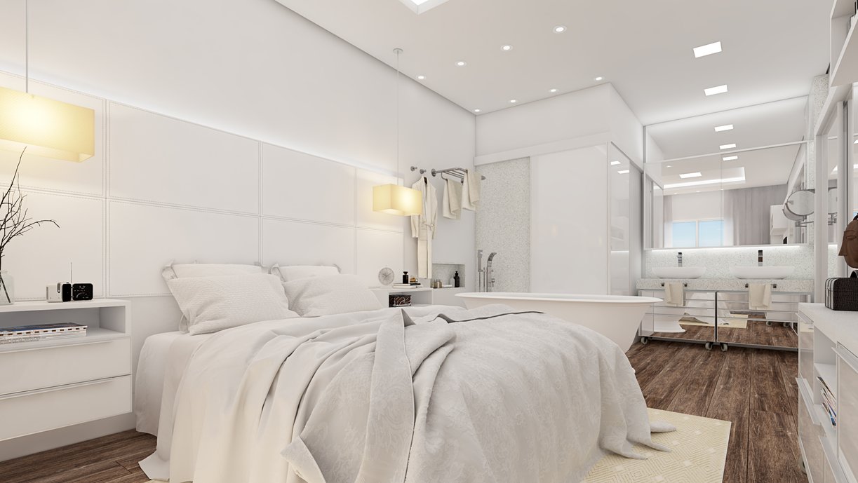 A decoração em branco ganha aconchego graças ao mix de texturas dos materiais empregados, como o papel de parede tridimensional e os tecidos da cortina e das roupas de cama.