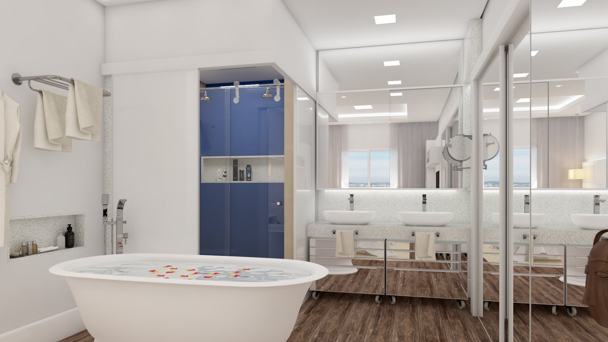 Nas paredes do banheiro o revestimento Dots Azul e o azulejo Colorless Sand, ambos da Portobello, compõem perfeitamente com o piso Ecowood Canela.